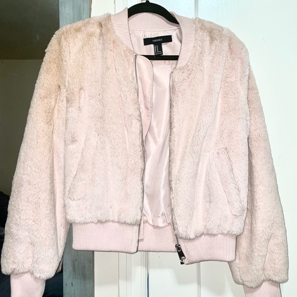 Adorable pink FOREVER21 faux fur bomber jacket!